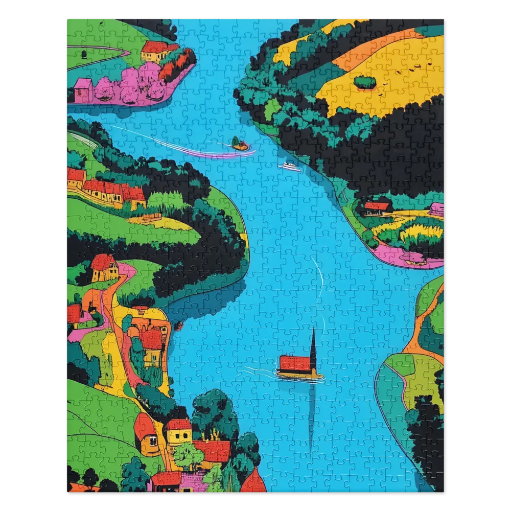 Riverbend Village Landscape 
 Jigsaw Puzzle in Tin Box